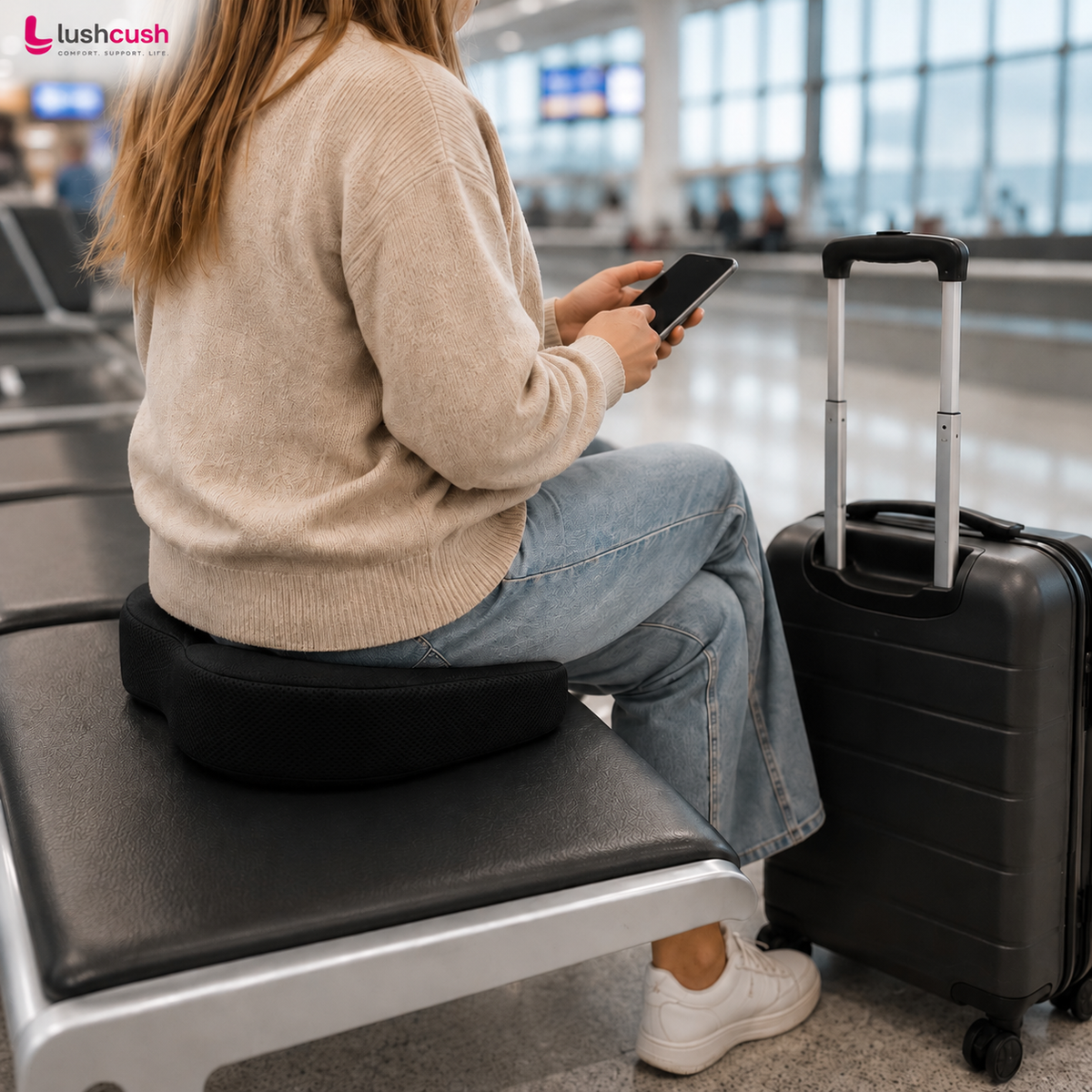Traveller using portable LushCush ergonomic seat cushion for comfortable sitting at the airport