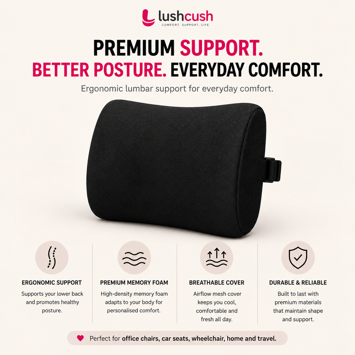 LushCush ergonomic lumbar support cushion with premium memory foam