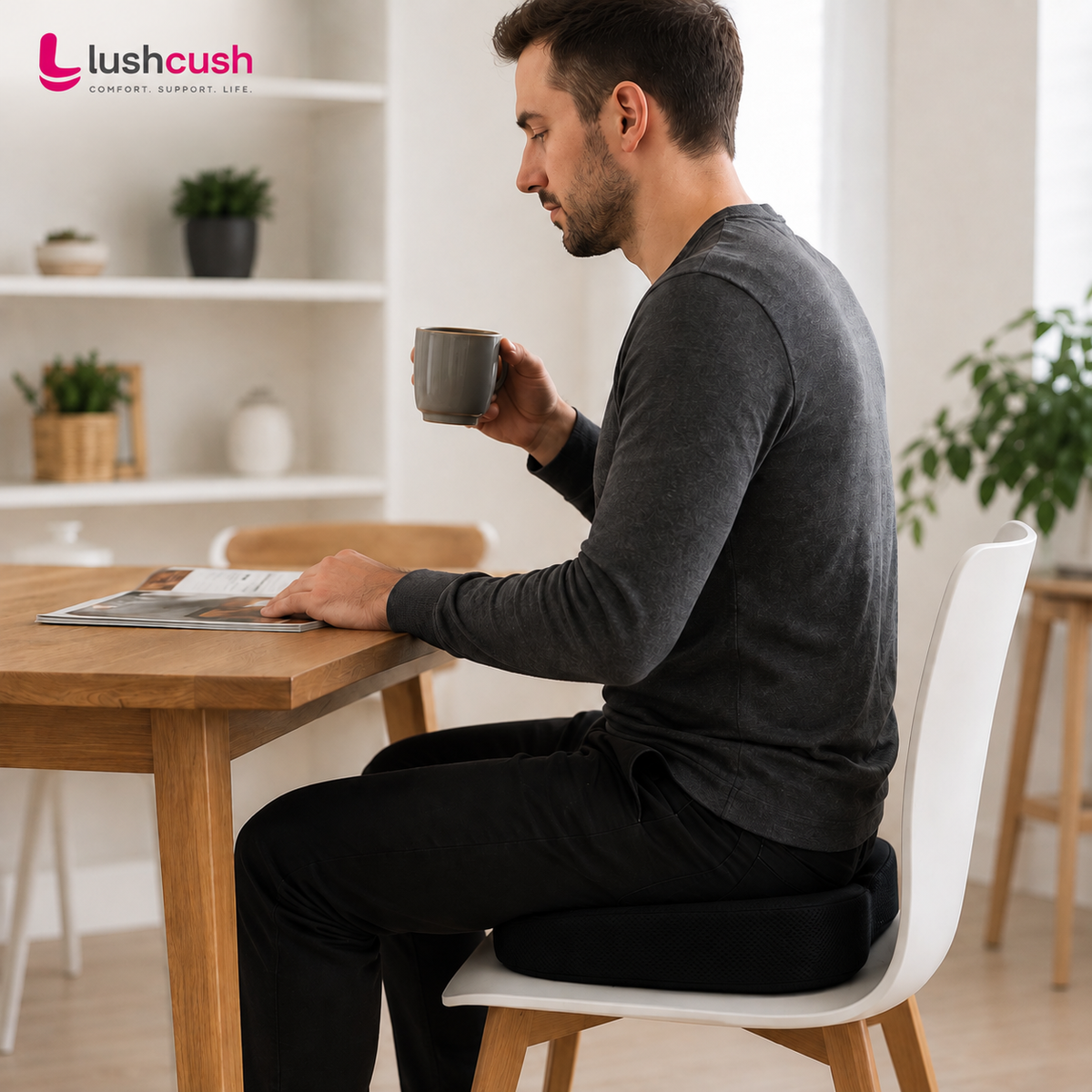 Man using LushCush ergonomic seat cushion while sitting at home for everyday comfort and support