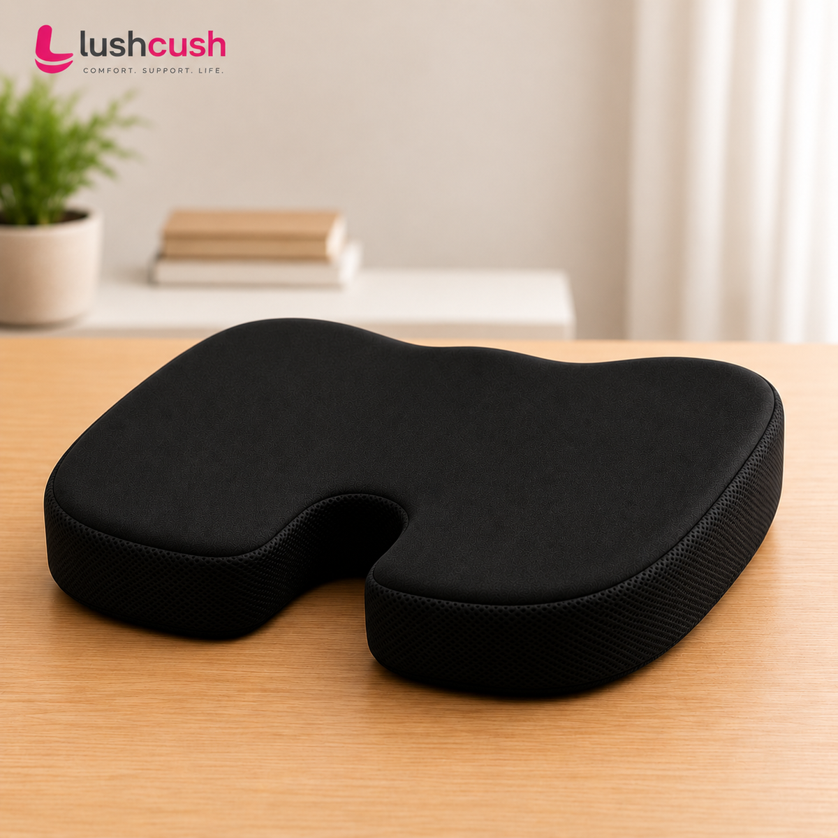 LushCush black ergonomic seat cushion with pressure relieving contoured design for everyday comfort