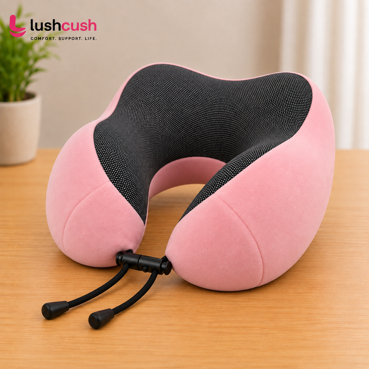 LushCush® Memory Foam Travel Neck Pillow – Pink/Black Modern