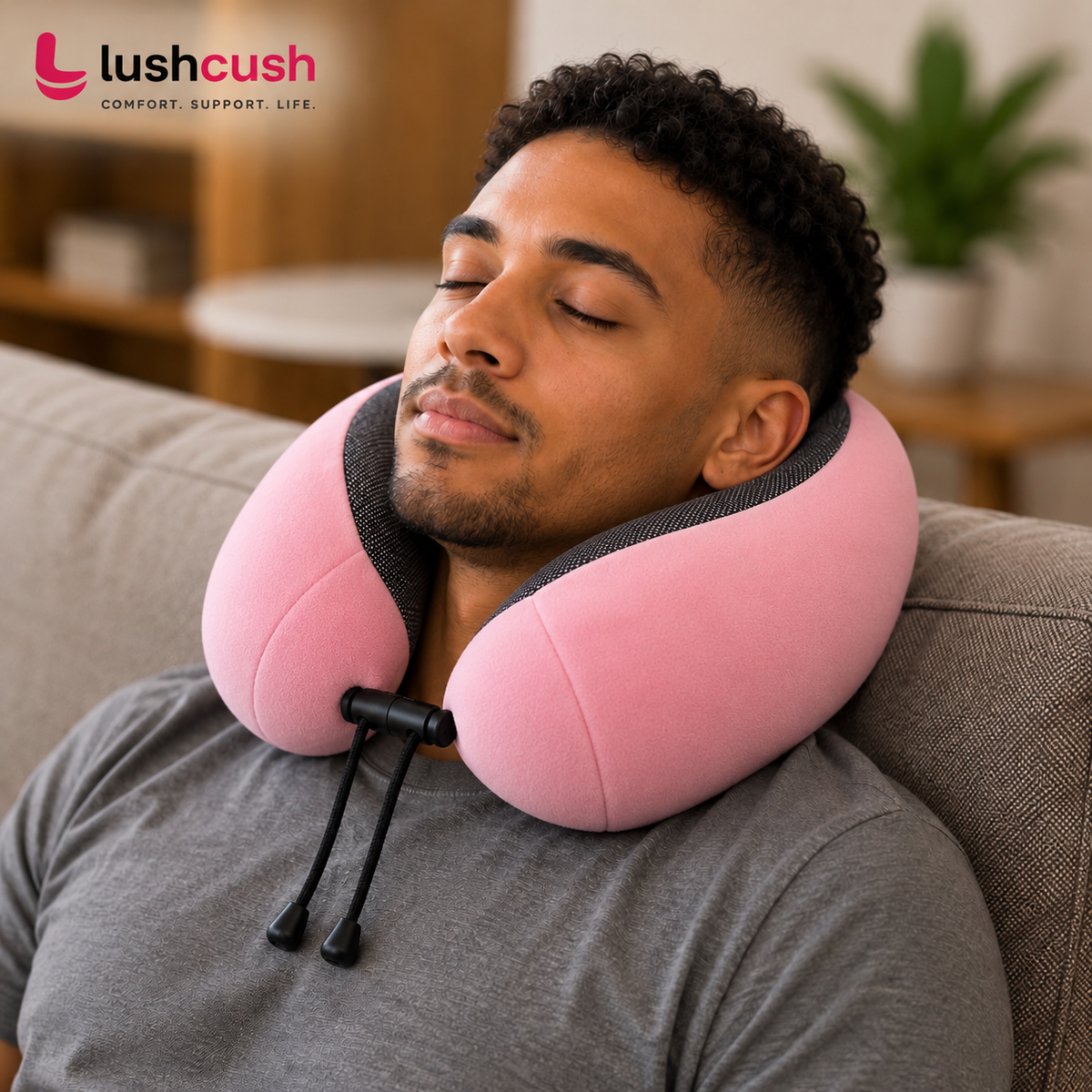LushCush® Memory Foam Travel Neck Pillow – Pink/Black Modern