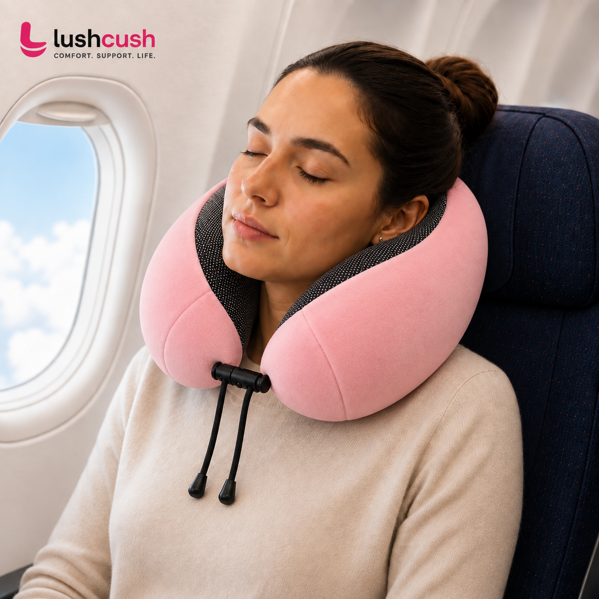 LushCush® Memory Foam Travel Neck Pillow – Pink/Black Modern