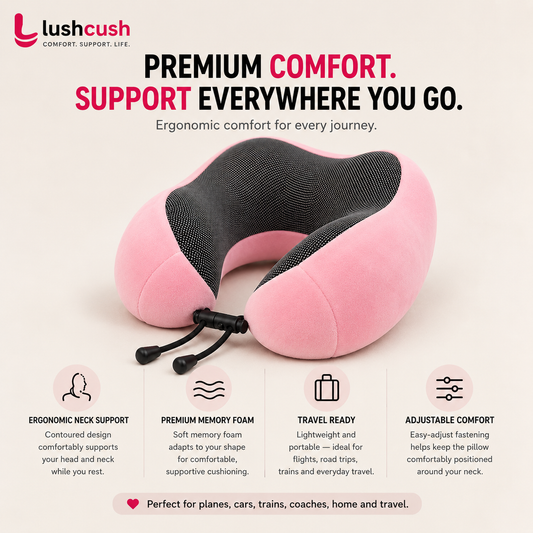 LushCush® Memory Foam Travel Neck Pillow – Pink/Black Modern