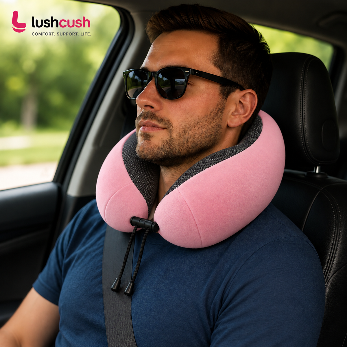 LushCush® Memory Foam Travel Neck Pillow – Pink/Black Modern