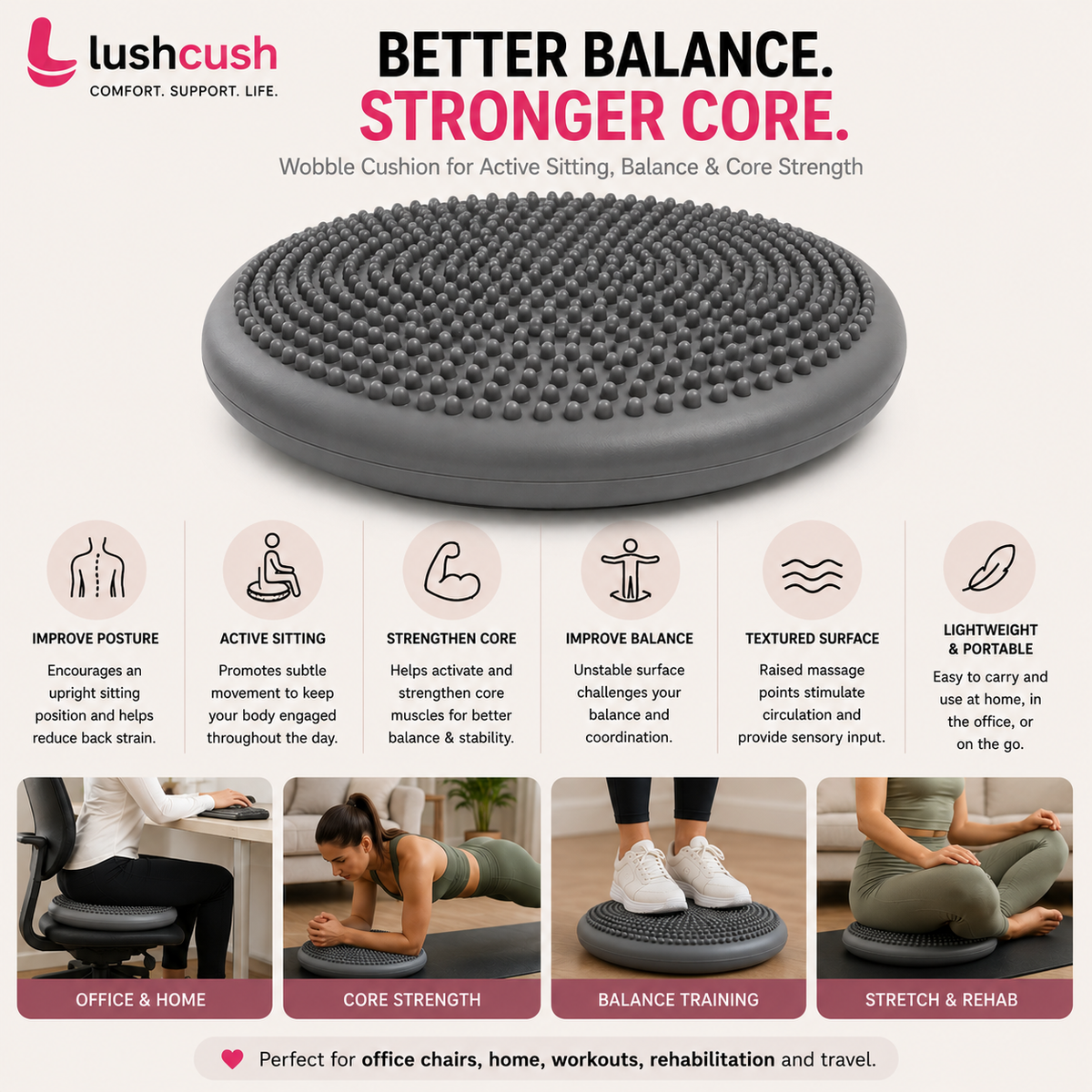 LushCush® Wobble Cushion – Balance & Stability Cushion for Active Sitting, Core Strength & Posture